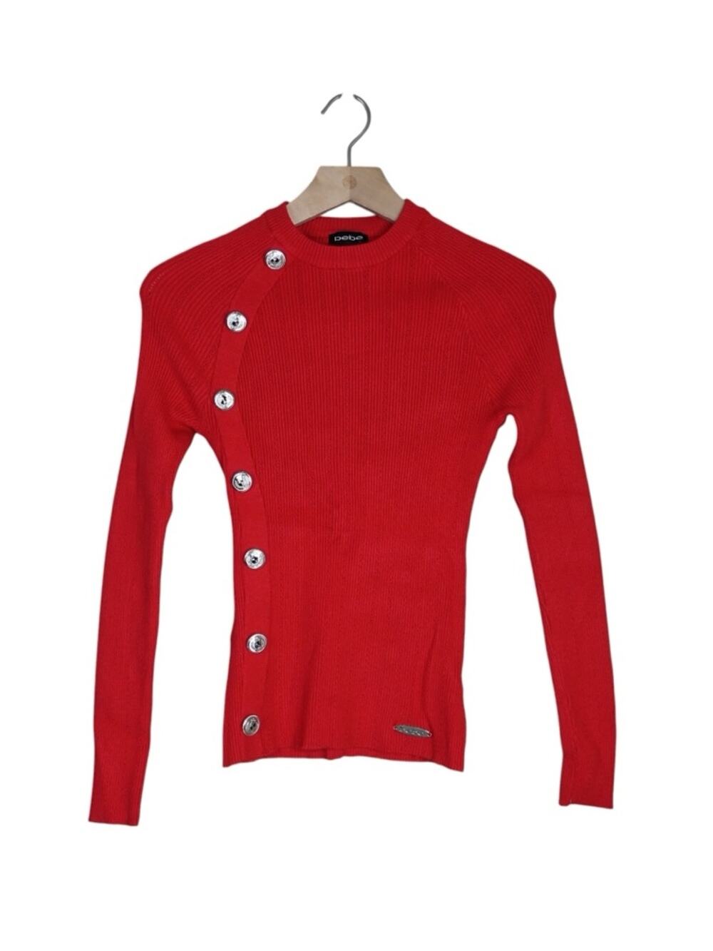 Bebe Women's M Red Ribbed Button-Accent Mock Neck Sweater